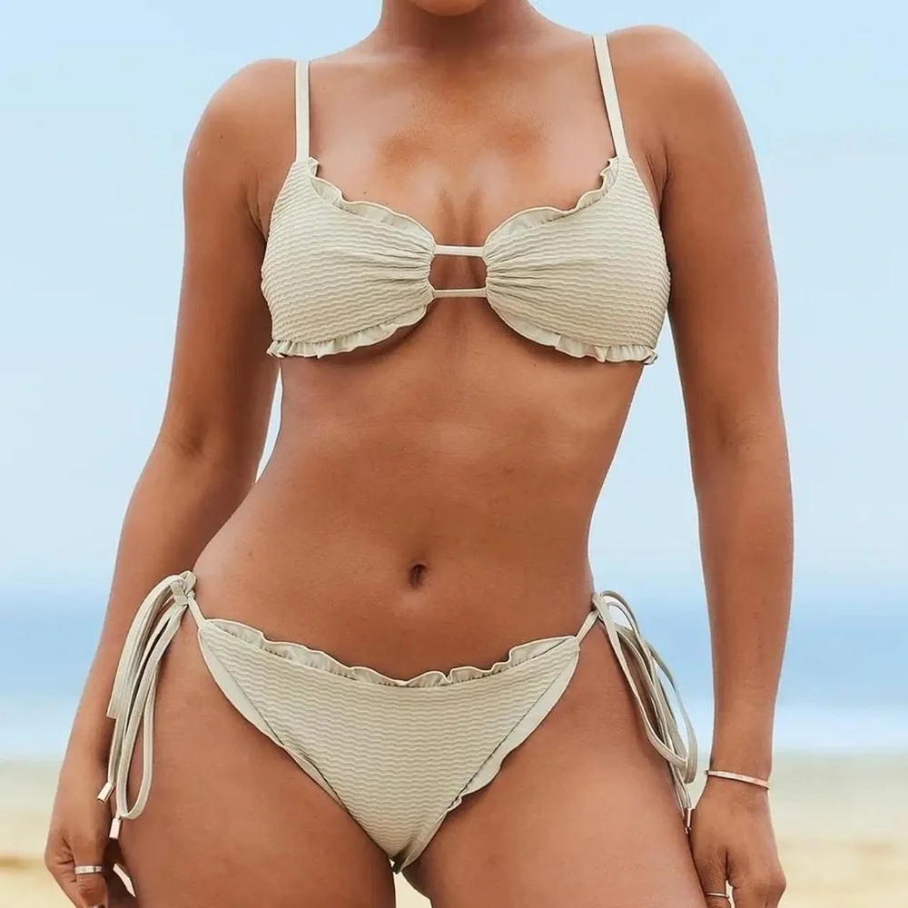 Cream Ruffle Texture Tie Bikini